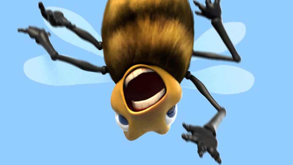 A 3D cartoon bee pulls a terrified facial expression as he falls upside down