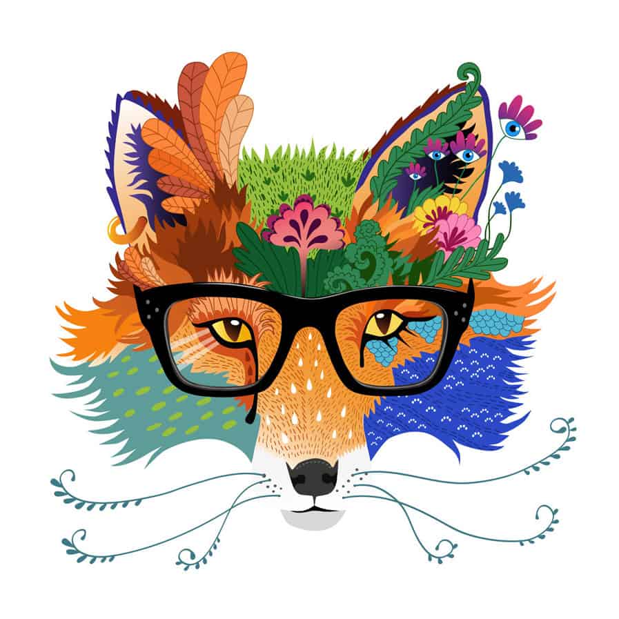 Decorative digital illustration of a fox wearing glasses