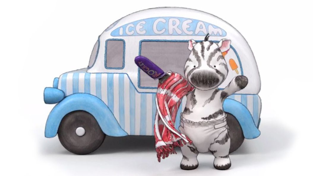 A baby zebra, holding a blanket, standing in front of a pastel ice cream van. All illustrated in a 2D watercolour style.