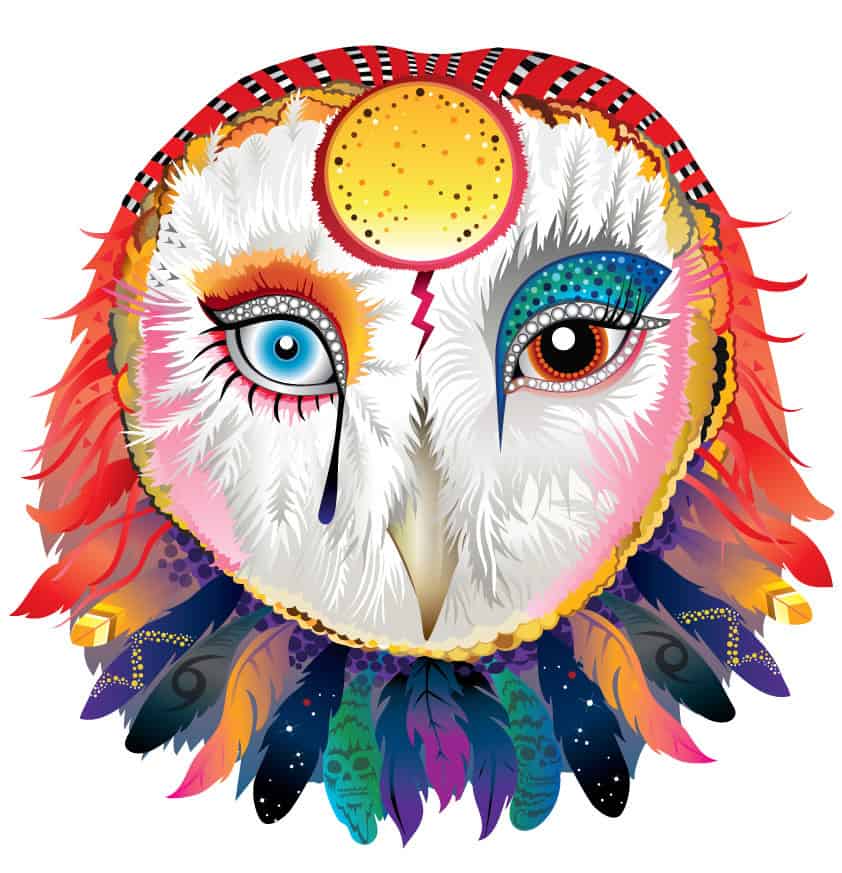 Digital owl illustration in a inspired by David Bowie