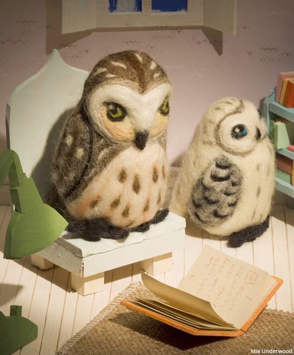 Needle felted owl 3D figures in a model room reading a book