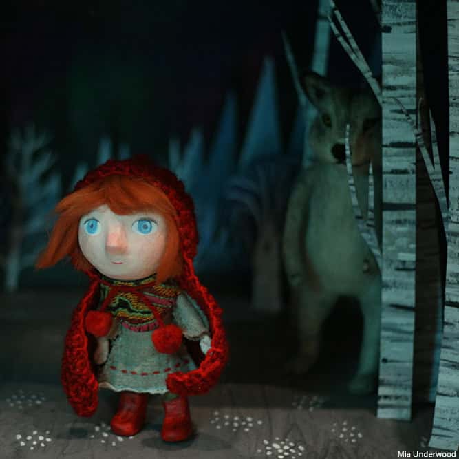 Little Red Riding Hood model in a forest scene with a needle felted 3D wolf