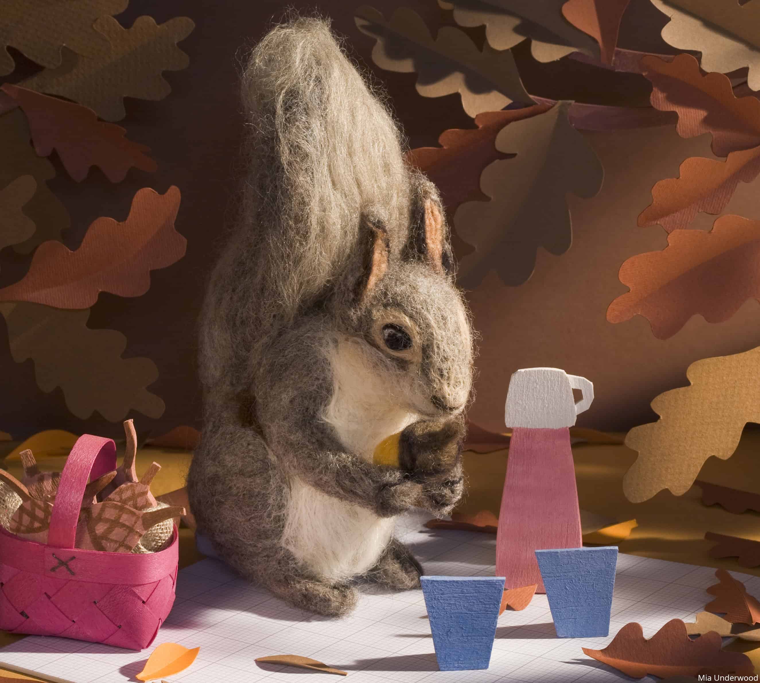 Needle felted squirrel 3D model having a picnic